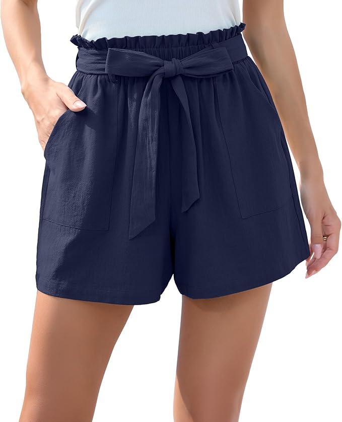 HIYIYEZI Womens Shorts Comfy Summer High Waist Linen Shorts for Women (Small, Navy Blue)