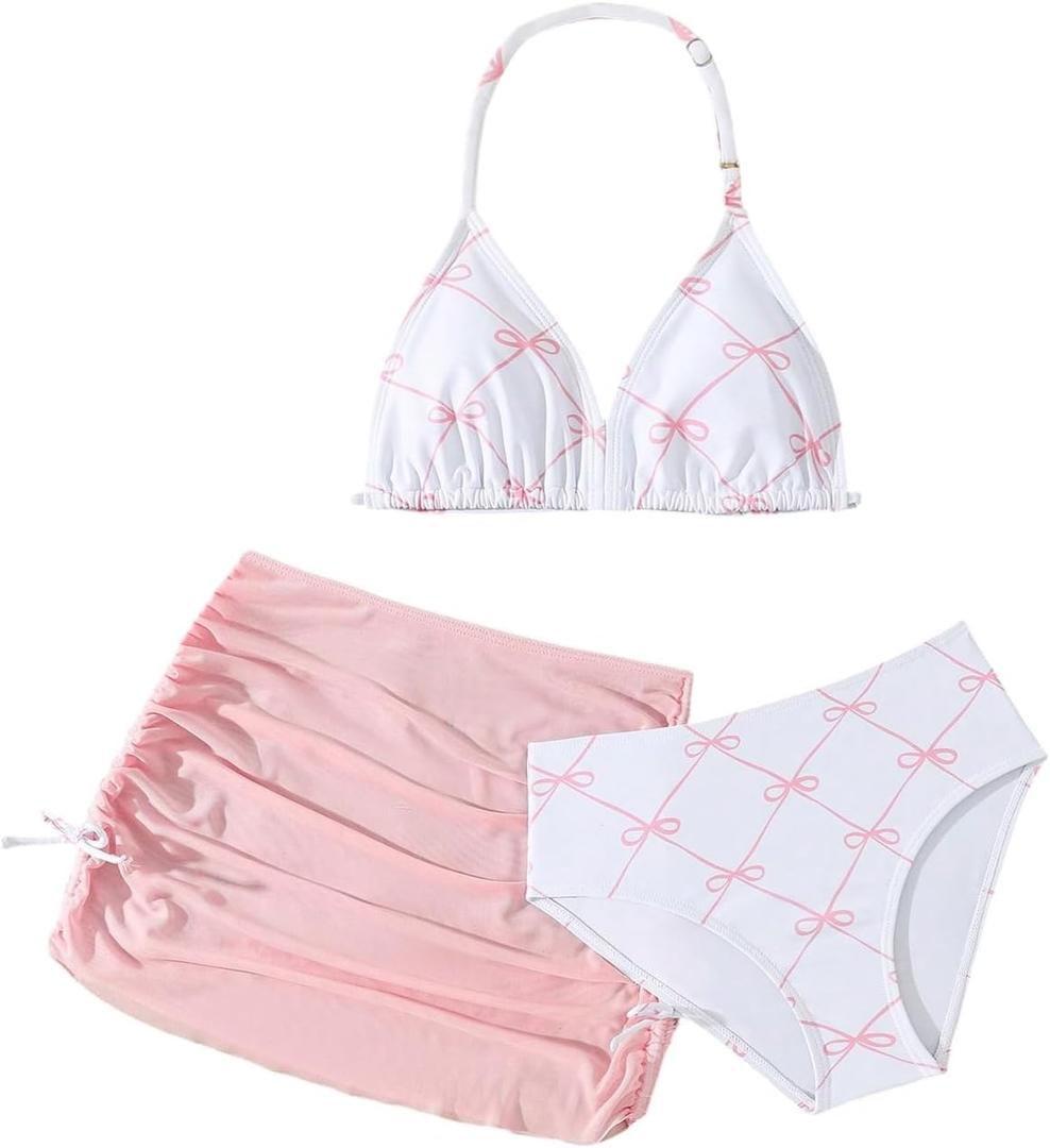 Verdusa Girl's 3 Piece Cute Swimsuit Bow Bikini Set Halter Triangle High Waisted Bathing Suit with Cover Up Pink 8 Years
