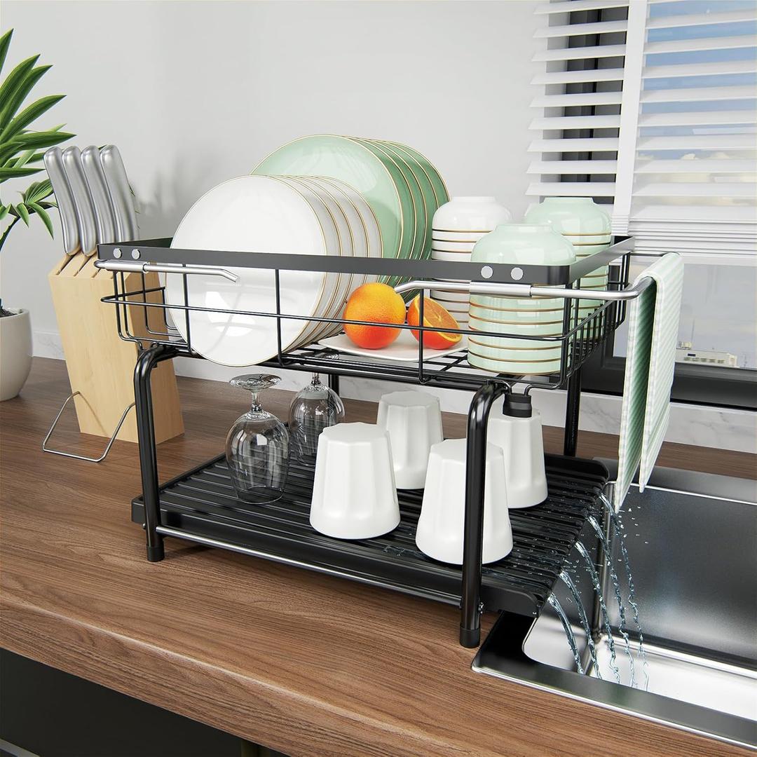 Sink Dish Drying Rack - Rust Resistant Metal Dish Rack - Multifunctional Extendable Dish Drying Holder with Draining Mat - Drainer for Kitchen Sinks and Worktops with 4 Ways of Use