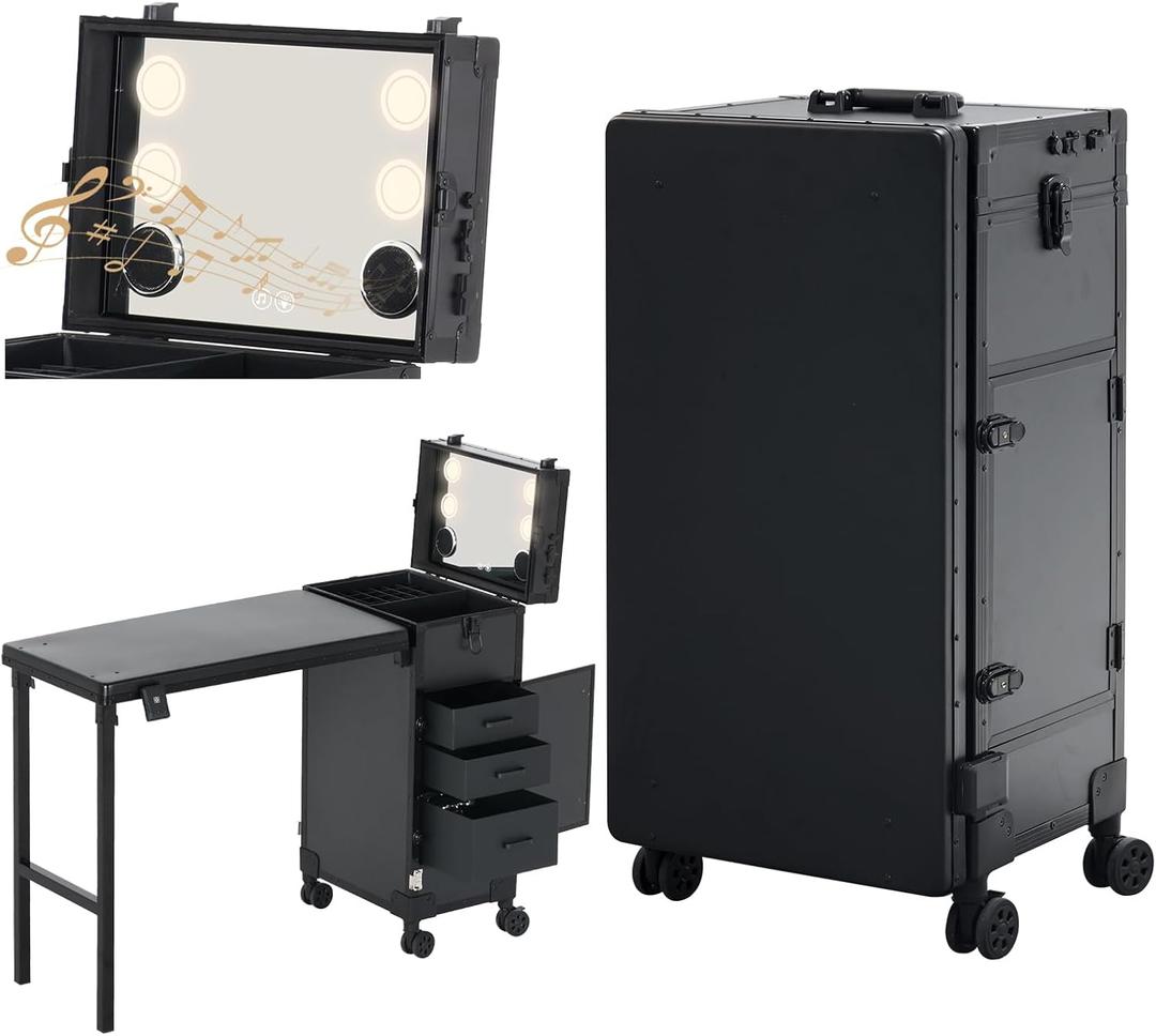 Portable Nail Desk for Nail Tech, Foldable Manicure Table with 3 Drawers & Mirror, Rolling Nail Table with Lockable Train Case, Nail Polish Organizer, Mobile Nail Tech Workstation with Wheels, Black