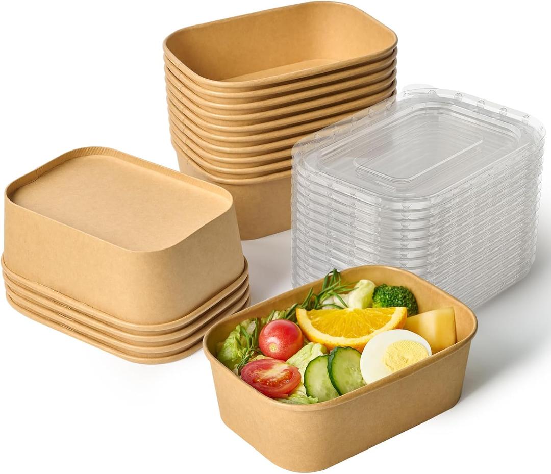 JOLLY CHEF 25 oz 50 Pack Paper Meal Prep Containers with Lids, Rectangular Disposable Food Containers, Brown Paper Bowls with Lids for Salad, Soup, Snack
