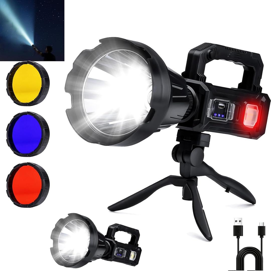 Solar Rechargeable Spotlight, 2,000,000L High Lumens Led Spot Lights Outdoor Handheld Super Bright Long Range Flashlight with 6 Modes, 3 Colored Filters, Tripod, USB C, IPX6 Waterproof for Fishing