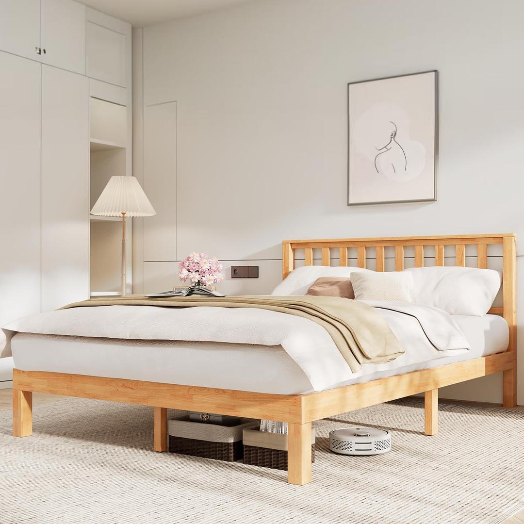 DELAVIN Queen Bed Frame with Headboard, Wood Platform Bed Frame, Farmhouse Style Bed Frame Queen Size with Slats Support, Malaysian Oak, No Box Spring Needed, Easy Assembly, Rustic Pine, 84.65"L x 61.81"W x 37.8"H