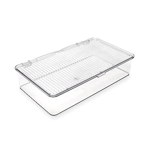 Isaac Jacobs Small Stackable Organizer Bin (10.75” x 6.5” x 2.4”) w Hinged Lid Clear Storage Box Home Office School Fridge Bathroom Kitchen Pantry Container BPAFree Food Safe (Small Clear)