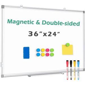 Double Sided Magnetic White Board, 36"x24" Dry Erase Whiteboard for Wall with Aluminum Frame Presentation Board for School, Office and Home (Silver)