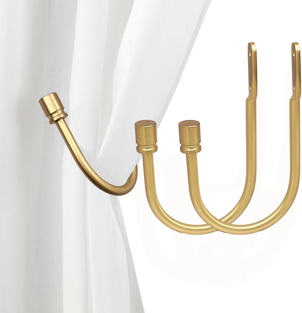 Dark Gold Curtain Holdbacks, Solid Steel Drapery Tiebacks, Wall Mounted Window Drape Hooks, Set of 2
