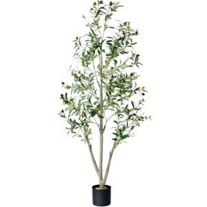 Olive Trees Artificial Indoor, 5FT Tall Faux Olive Tree with Moss and Planter, Artificial Plants Indoor with Natural Wood Trunk and Lifelike Fruits, Fake Tree for Home Office Living Room Decor