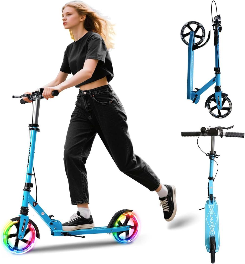 Kick Scooter for Kids Ages 8+ Teens & Adults, with Front handbrake and Rear Brake, and Adjustable Handlebars, Big Sturdy PU Flash Wheels Great Gift & Toy