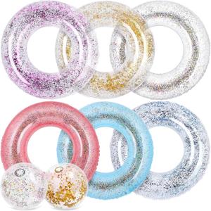 Elcoho 8 Pack Inflatable Glitters Pool Float Beach Balls Set 35 Inch Large Swim Ring Flotation Pool Floats Toy Inflatable Transparent Inner Tube Confetti Beach Balls for Swimming Pool, Beach