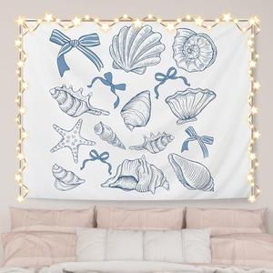 AQYIP Coquette Blue Bow Seashell Ocean Beach Tapestry Wall Hanging, Preppy Beach Tapestry Decorative, Blue Coastal Wall Blanket Decor for Girls Room Dorm Apartment Bedroom, 50x60 Inch