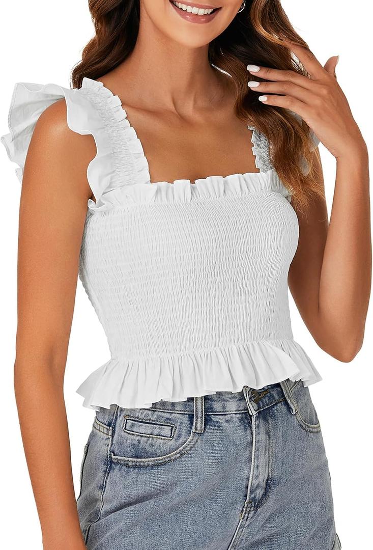Rooscier Women's Summer Tops Square Neck Smocked Ruffle Cap Sleeve Peplum Blouse Casual Flowy Shirt for Women Plain White X-Large (White, XL)