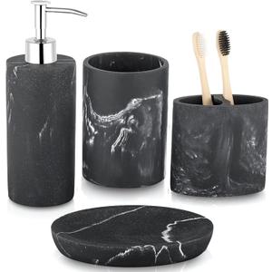 ZCCZ Bathroom Accessories Set, 4-Piece Marble Pattern with Soap Dispenser, Toothbrush Holder, Tumbler, and Soap Dish for Modern Bath Dcor, Elegant and Durable Design for Home or Office Bathrooms (Black Marble Look Rounded)