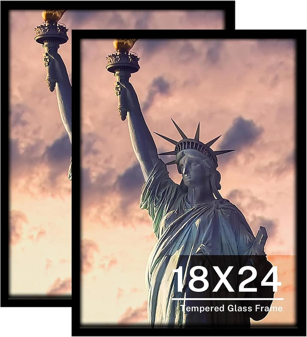 ONE WALL Tempered Glass 18x24 Poster Frame, Black Wood Photo Picture Frame Set of 2 for Wall Vertically or Horizontally Display - Mounting Hardware Included