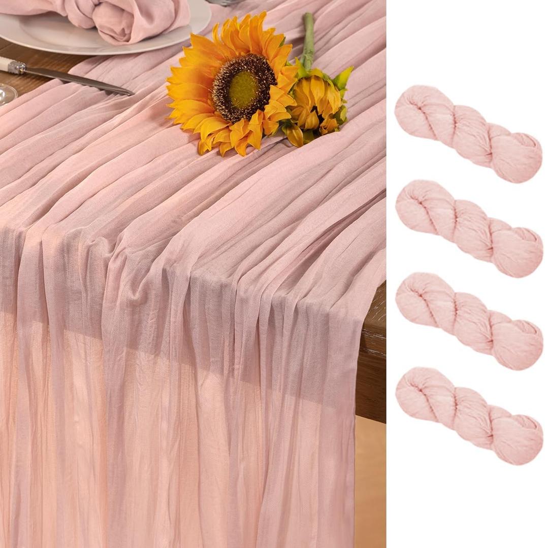 Pink Cheesecloth Table Runner 4 Pack Summer Sheer Light Pink Cheese Cloth Table Runners Boho Gauze 120 Inches Summer Table Decorations for Wedding Bridal Girl Baby Shower Sweet 16 Party Decor