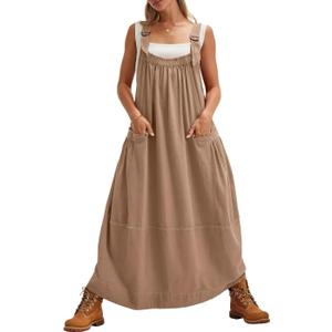 chouyatou Women's Cargo Overall Dress Sleeveless Adjustable Strap Safari Maxi Jumper Dress with Pockets (Medium, Khaki)