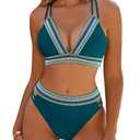 Blooming Jelly Womens High Waisted Bikini Sets Crisscross Swim Suit Cut Out Two Piece Bathing Suit (Medium, Blue)