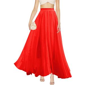 v28 Women Full/Ankle Length Elastic Pleated Retro Maxi Chiffon Long Skirt (Red, L)