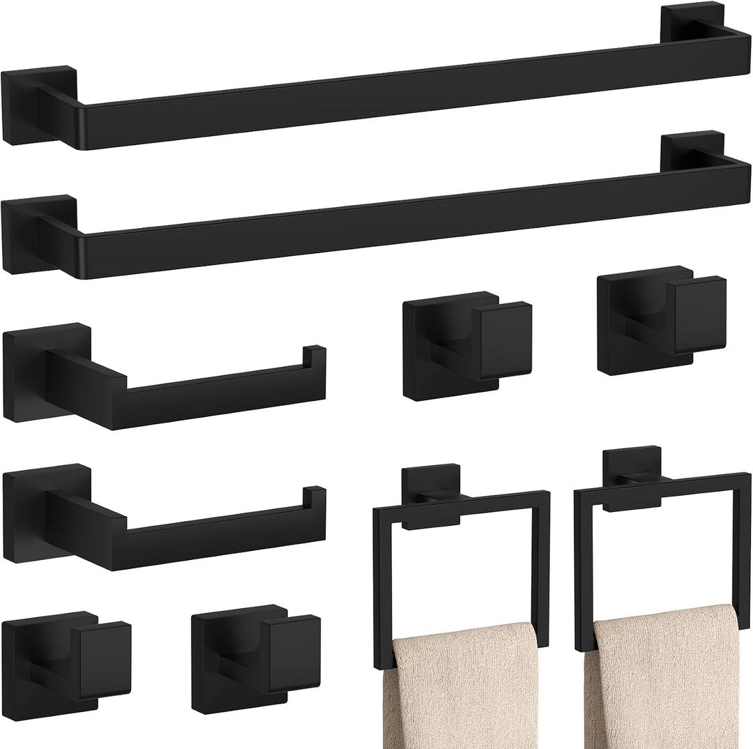 10-Pieces Matte Black Bathroom Accessories Set 23.6 Inch Towel Bar Set.
SUS 304 Stainless Steel Bathroom Hardware Set Towel Racks for Bathroom, Robe Towel Hooks, Toilet Paper Holder Wall Mounted