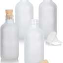 JUVITUS 4 oz / 120 ml Frosted Clear Glass Boston Round Bottle with Cork Stopper Closure (4 Pack) + Funnel