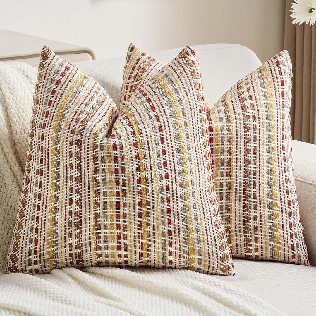 FUTEI Pack of 2 Boho Throw Pillow Covers 18x18 Inch, Brown Red | Double-Sided Chenille Woven Jacquard,Hidden Zipper,Machine Washable,Pilling-Resistant,Colorfast,Insert Not Included.