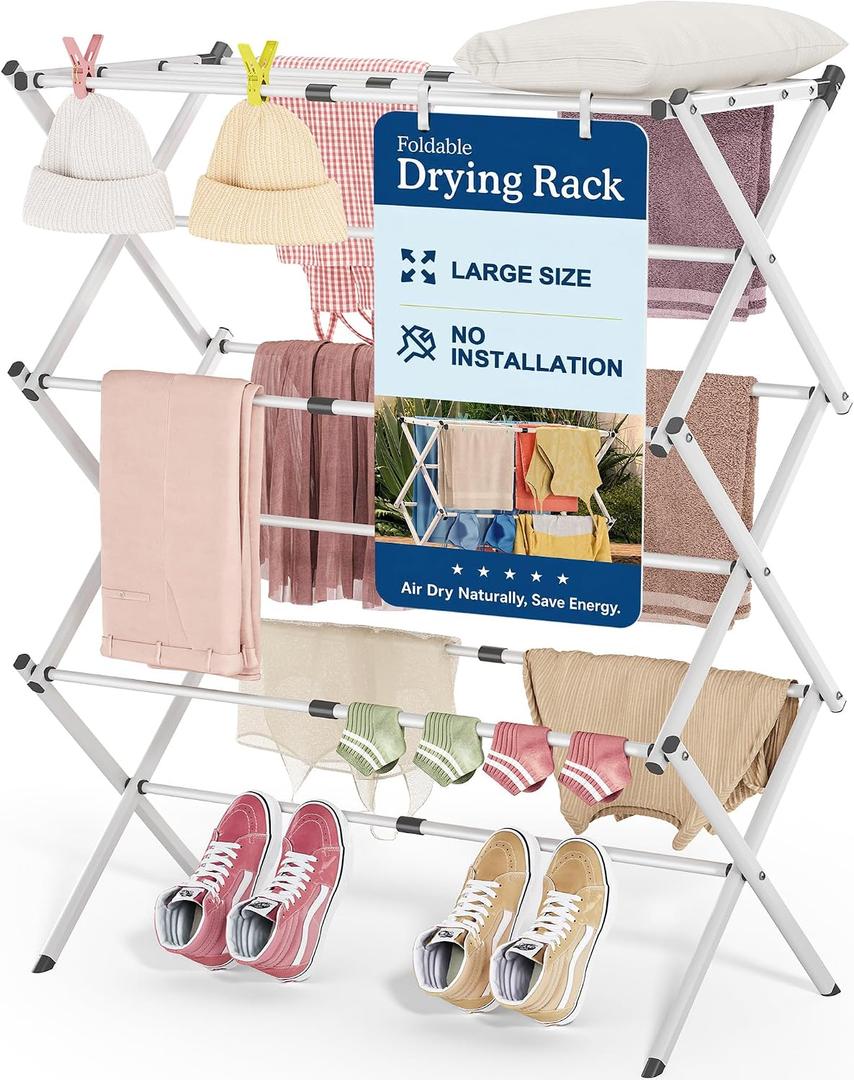 Oversize 3-Tier Clothes Drying Rack, No Assembly, White, 14.9" D x 29.3" W x 39.3" H