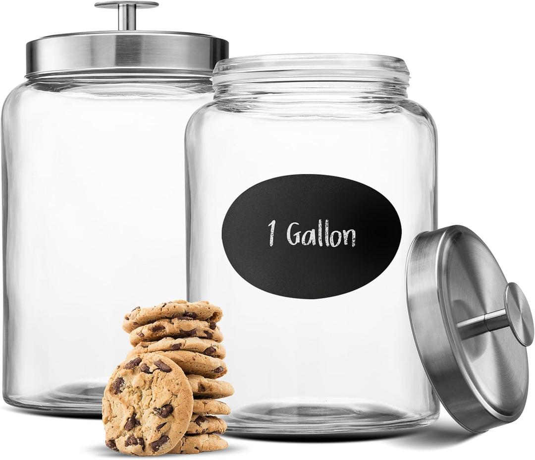 KooK Glass Storage Containers with Lids, 1 Gallon, Set of 2, Glass Canister, Laundry Jar, Kitchen Jar, Storage for Pantry, (3.7, Circular, Silver)