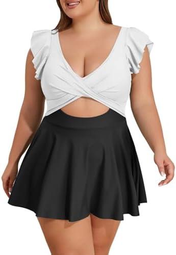 B2prity Women's Plus Size Swimsuit Tummy Control One Piece Swimdress Ruffle V Neck Cutout Wrap Bathing Suit with Skirt 18 W