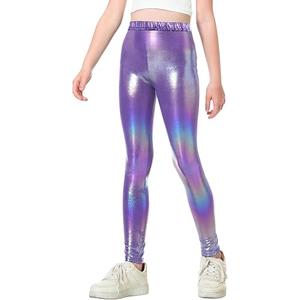 Gnainach Girls Metallic Leggings Stretch Comfort Shiny Mystique Dance Pants for Toddler Kids Teen Yoga Party Workout, 110, Purple 