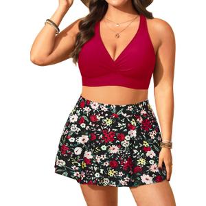 Women's Plus Size High Waisted Bikini - Two Piece Swimsuit with Skirt 2025 Tummy Control Bathing Suit with Pocket (Red and Floral) 18W