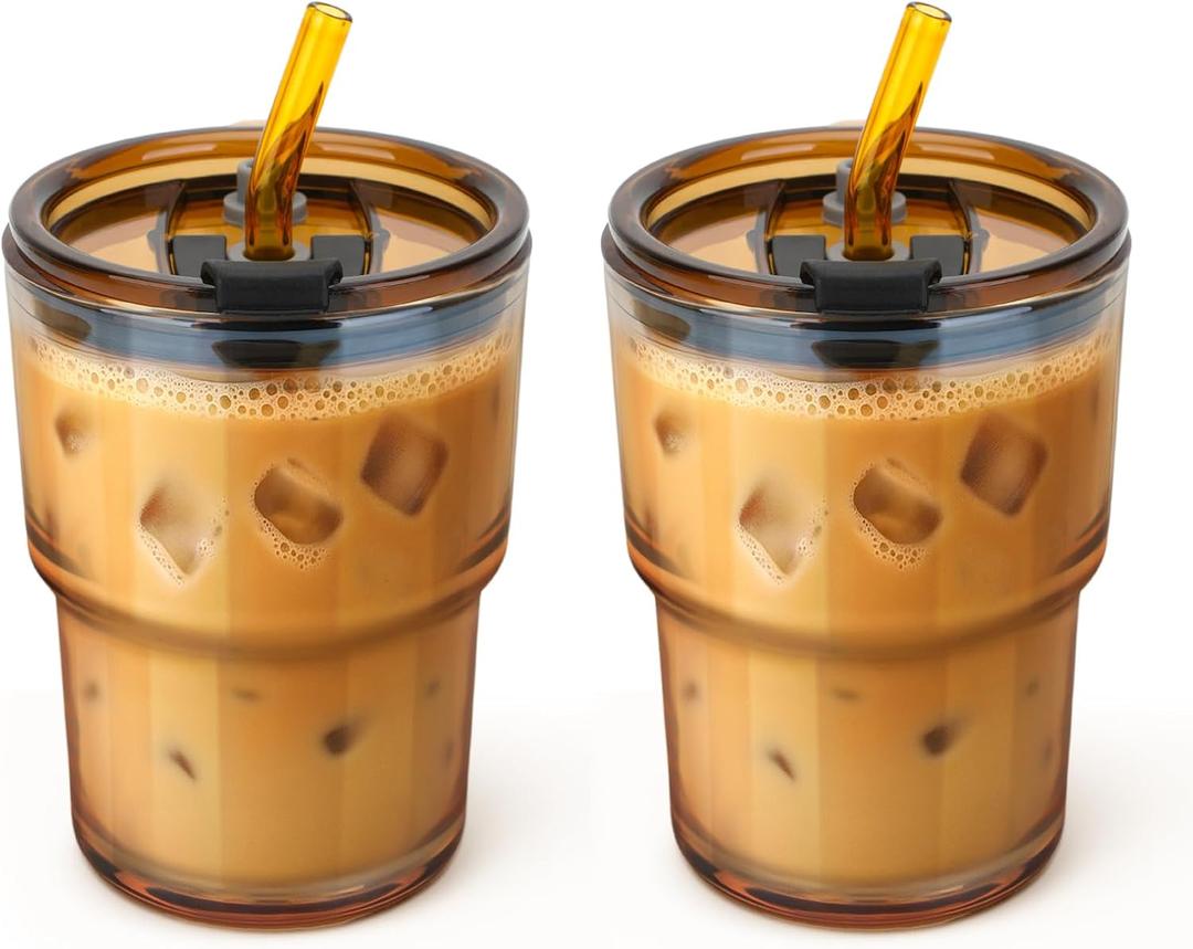 13 oz Glass Tumbler with Glass Straw and Lid, Leak-Proof Reusable Travel Cup for Iced Coffee, Tea, Matcha, Fruit Juice  Thick Wall Clear Water Bottle (Amber, 2 Pack)