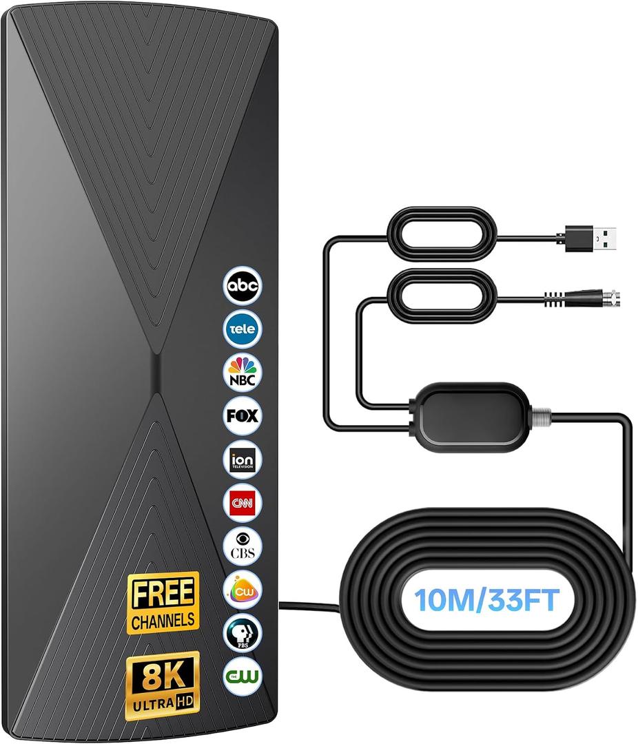 2026 TV Antenna for Local Channels, Digital TV Antenna Indoor Supports 8K 4K 1080p with 33FT Sturdy Cable, 5000+ Long Reception, Lightning, Wind and Rain Resistant, Portable