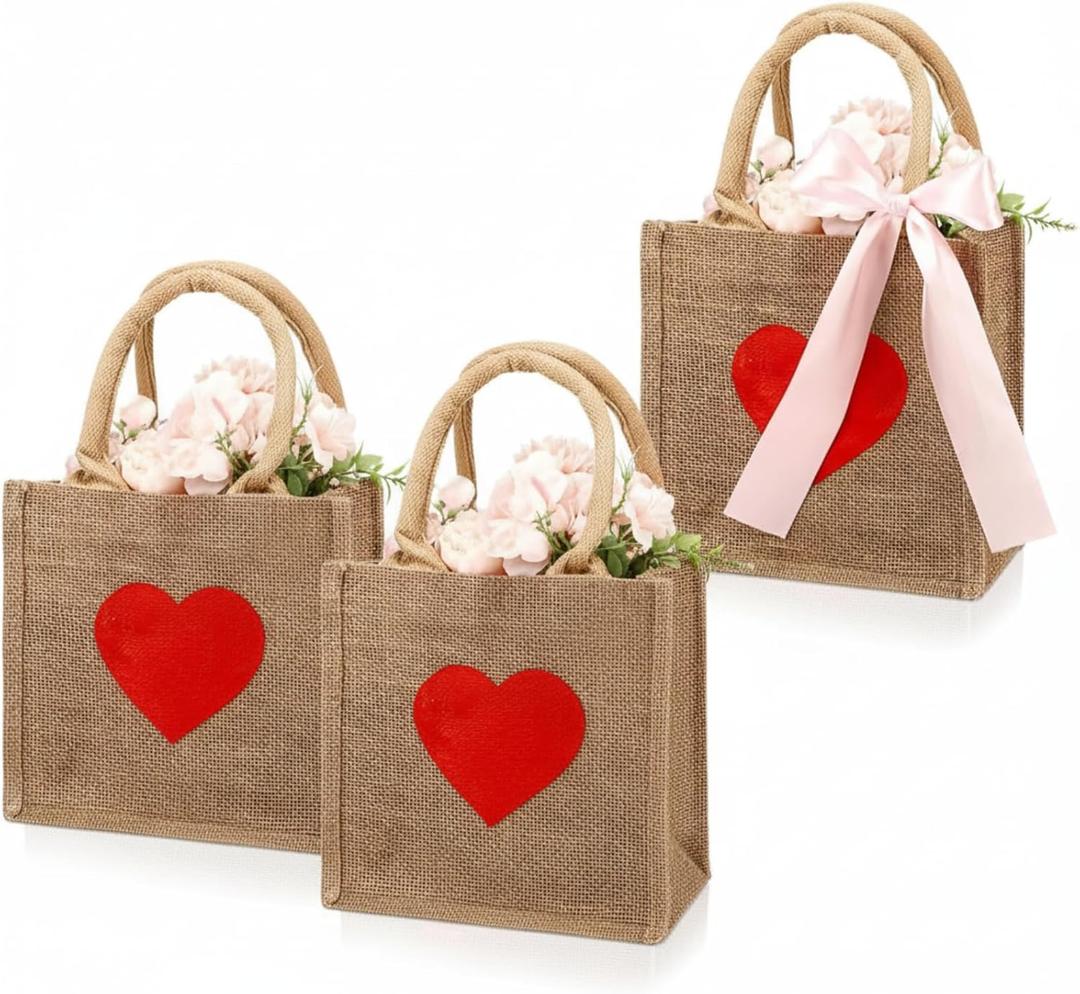 SilTriangle 3 Pcs Valentine's Day Burlap Bags Red Heart Basket Essentials Pink Bow Hunts Candy Gift Tote Bag for Kids Boys Girls Wedding Baby Shower DIY Craft Valentine's Day Favor