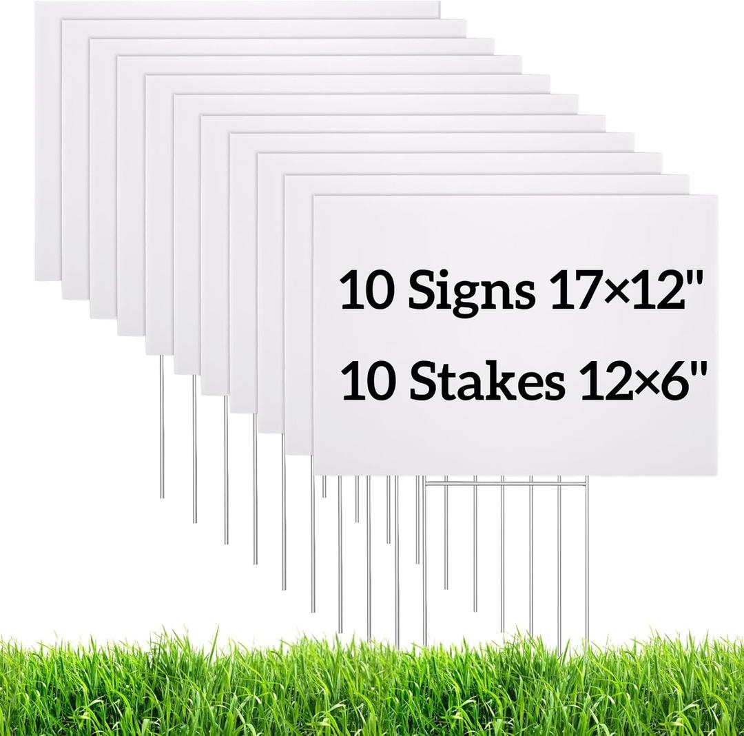 Goaste 10 Pack Blank Yard Signs with H Metal Stakes, Real Estate Garage Sale Signs Double Sided, Corrugated Plastic Lawn Signs for Birthday, Wedding, Campaign, Parking(White, 17 x 12 Inch)