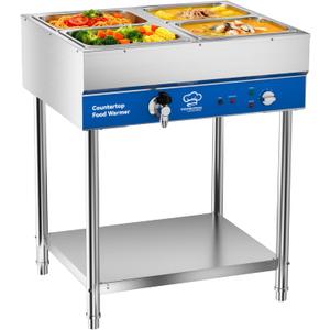 TOPKITCH ETL Listed 4-Pan Commercial Food Warmer, Electric Steam Table, 120V 1700W Stainless Steel Buffet Catering Food Warmer with Undershelf and Workspace, for Buffet,Parties and Restaurants.