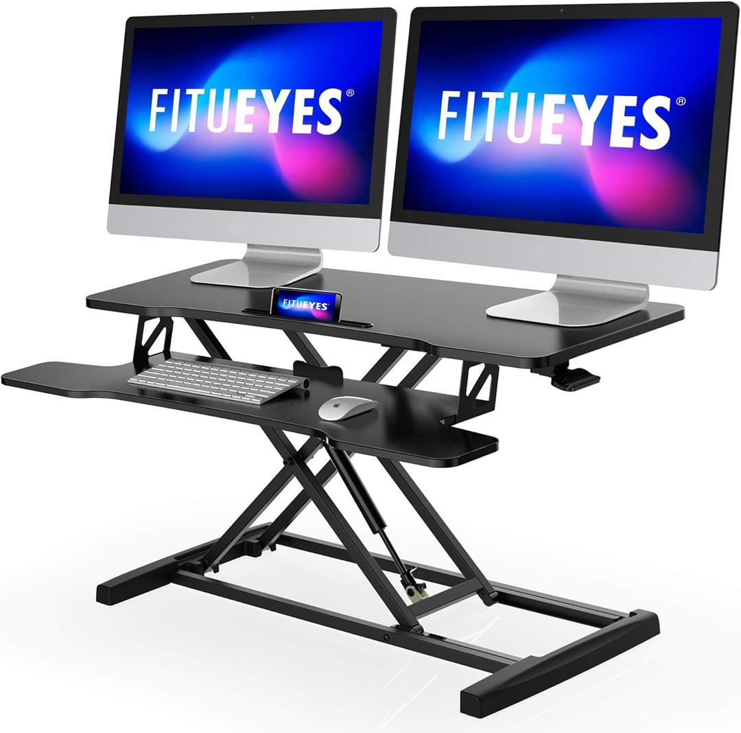 FITUEYES Height Adjustable Standing Desk 36 Wide Sit to Stand Converter Stand Up Desk Tabletop Workstation for Dual Monitor Riser FSD309101WB (Black)
