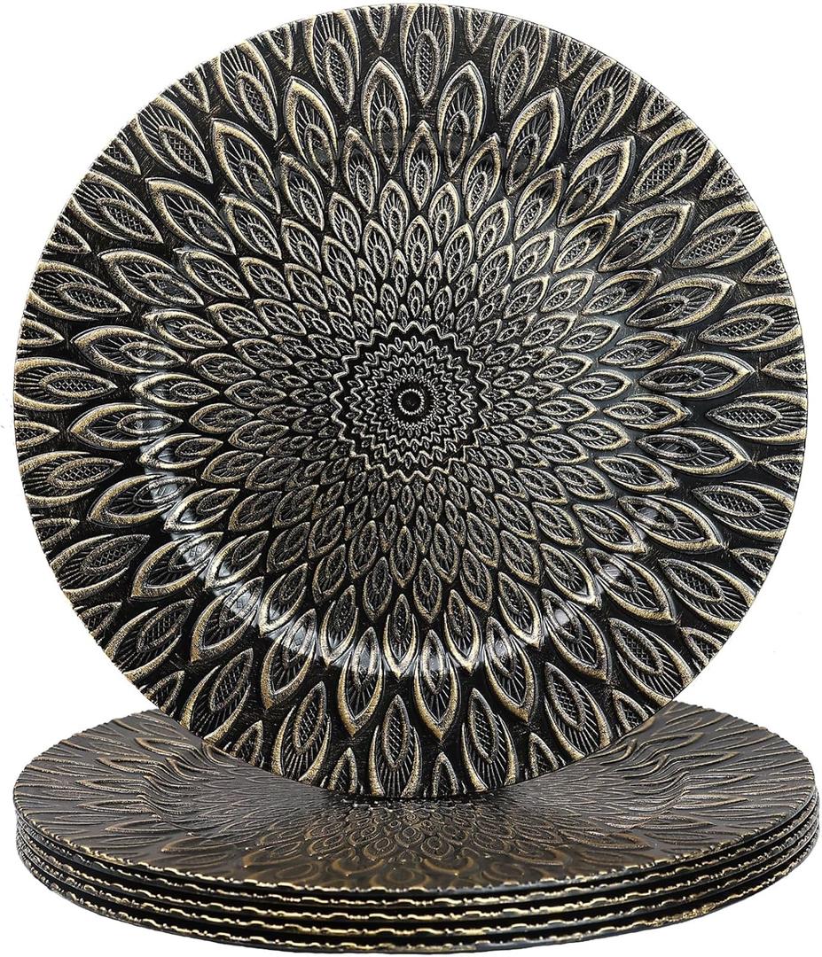 Black Charger Plates, 13 Inch Set of 6 Plastic Peacock Chargers for Dinner Plates,Table Settings, Easter, Thanksgiving, Christmas Party, Family Gathering.