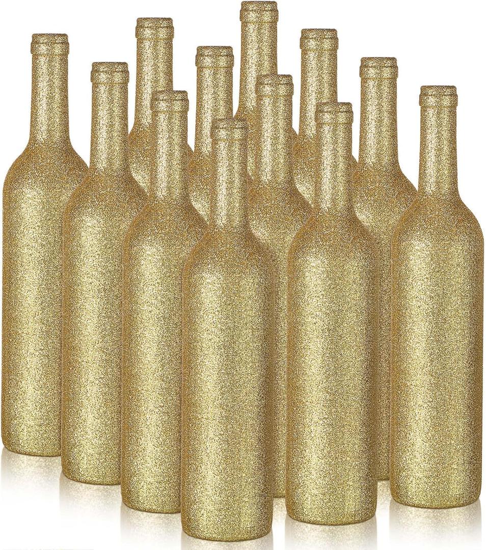 Sliner 12 Pcs Glitter Wine Bottles Glass 750ml Wine Bottles Vintage Vase for Flowers Wedding Decor Centerpiece Christmas Party Favor DIY Crafts(Gold)