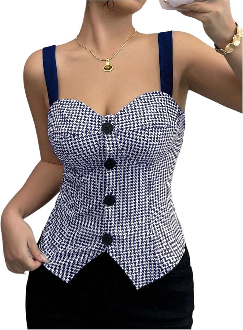 OYOANGLE Women's Summer Houndstooth Print Button Front Tank Top Sleeveless Spaghetti Strap Fitted Blouse (Deep Blue)