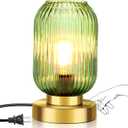 Mid Century Modern Table Lamp, Touch Control & 3 Way Dimmable, Green Ribbed Glass Shade, Small Gold, Vintage Bedside Lamp for Bedroom, Living Room,Office (Bulb Included)