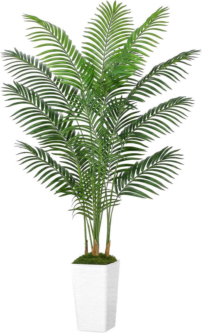 UPBUD Artificial Palm Tree, 6FT Tall Large Fake Tropical Areca Plants with White Tall Pot & 15 Artificial Leaves, Realistic Faux Palm Trees for Home Patio Poolside Office Porch Garden Decor