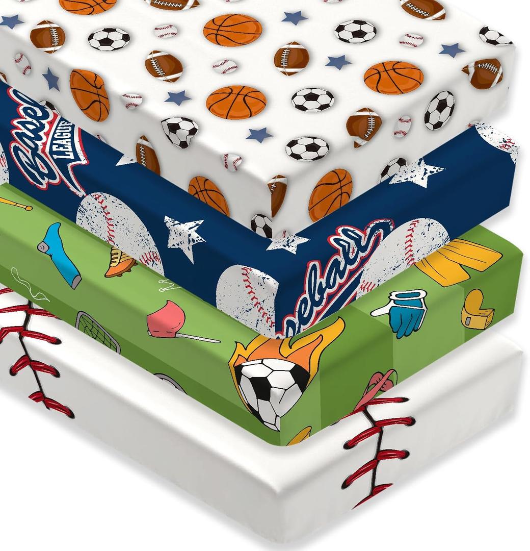 4 Pack Sports Baseball Crib Sheet Set for Boys, Neutral Soft Breathable Fitted Vintage Crib Sheet, Baseball Nursery Decor for Standard Crib and Toddler Bed Mattresses 28 x 52 in