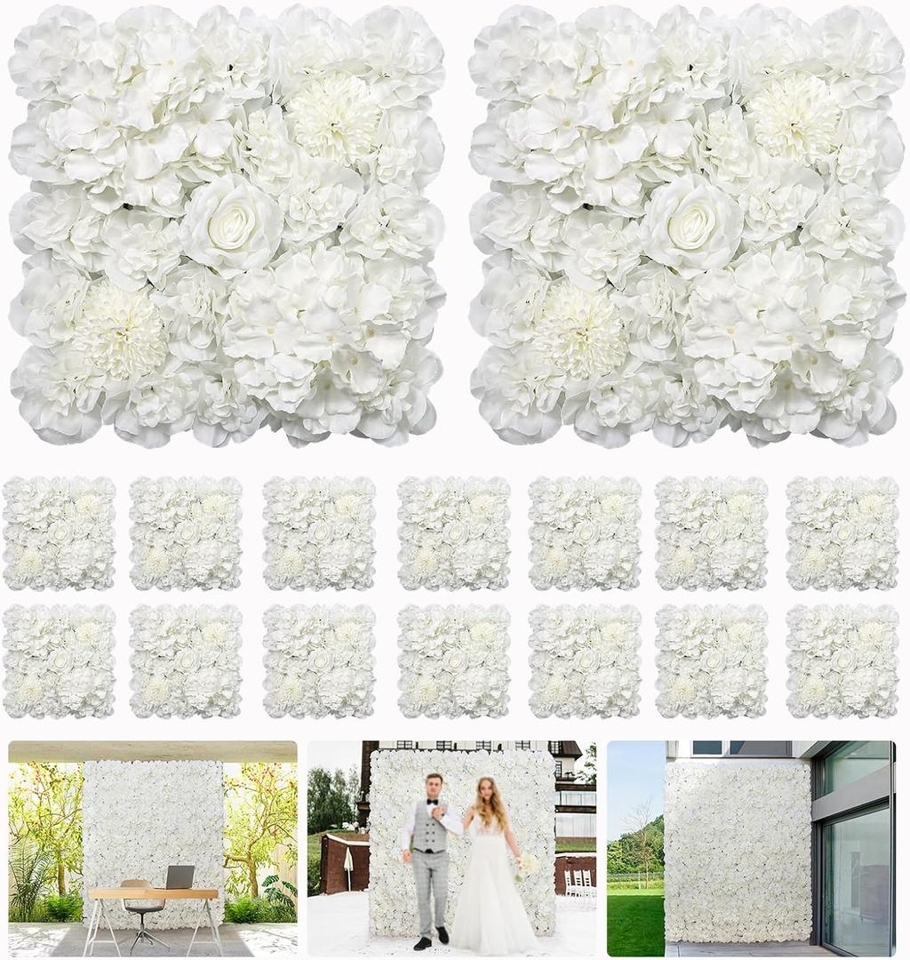 Artificial Flower Wall Backdrop 16pcs 16.5x16.5 Inch Silk Rose Floral Wall Panel Ideal for Wedding Celebrations, Festive Party Backdrops, and Elegant Home Decor-White