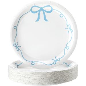 Havawish 50 Pcs Blue Bow Birthday Party Supplies 9 Inch Blue Bow Paper Plates Coquette Bachelorette Tableware Decorations Dinner Plates for Birthday Bachelorette Bridal Baby Shower Party