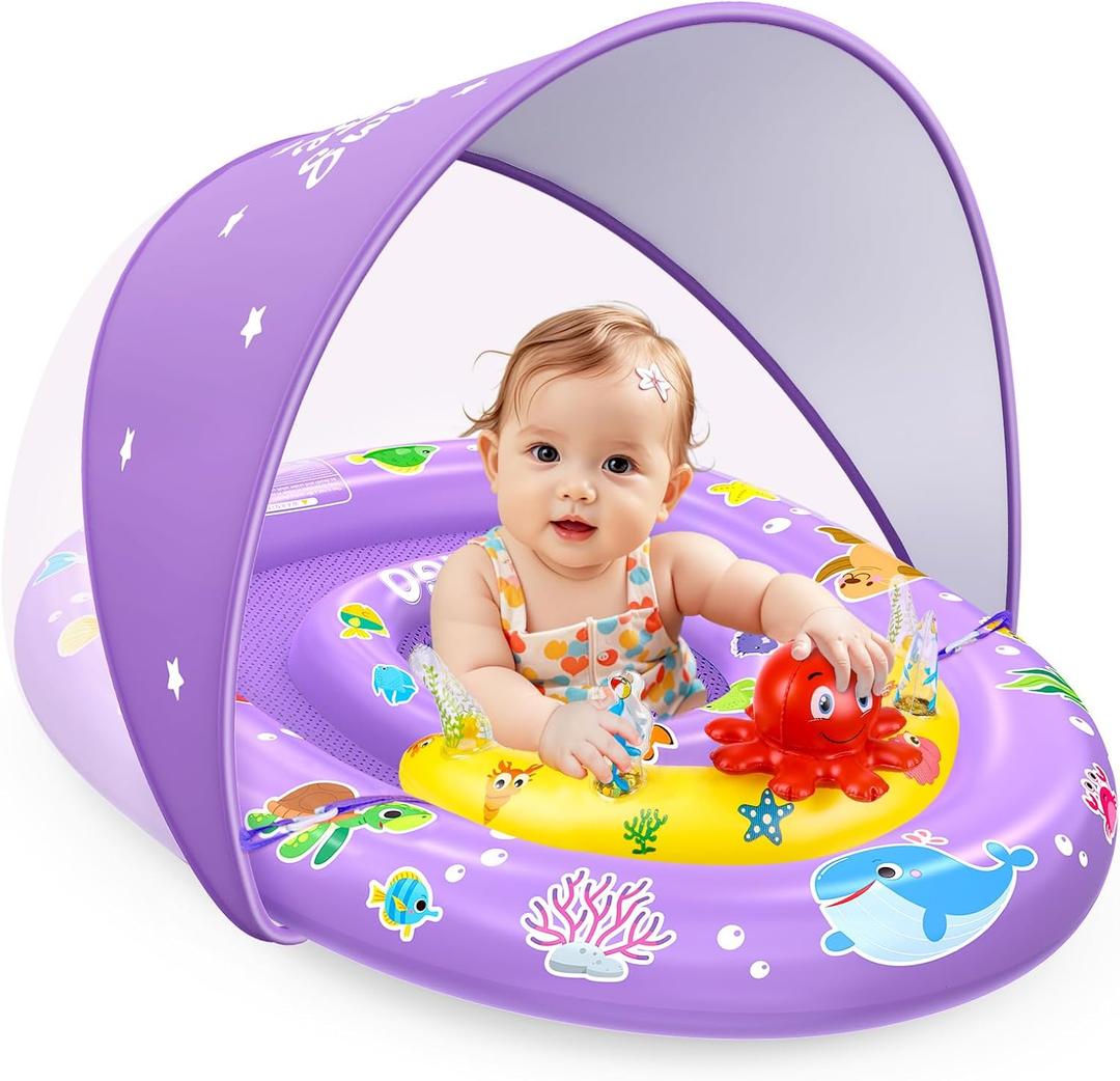 EZIGO Baby Pool Float with Canopy UPF 50+ Sun Protection, Double Air Chambers Infants Swimming Floats with Sound Toys Adjustable Safety Seat Toddler Float for Boys and Girls 6-36 Months (Purple)