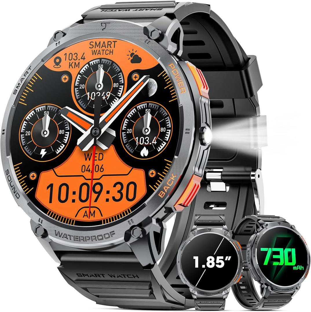 Military Smart Watch for Men 1.85" HD Touch Screen 730mAh Battery Smart Watches with LED Flashlight for Android iOS Bluetooth Call Answer/Dial Calls Fitness Tracker with Heart Rate Blood (Black)