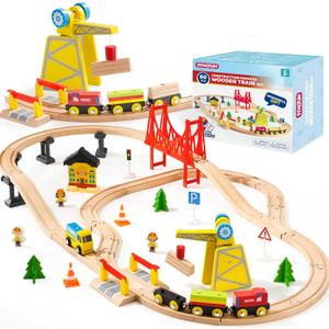 60PCS Wooden Train Set - Toy Magnetic Trains with Wooden Track Set for Kids Ages 3-8, Construction Crane Railway Set, Perfect Christmas Birthday Gift for Grandkids Toddlers Boys Girls