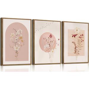 KISSFOX 3 Piece Framed Wall Art Botanical Wall Decor Pink Flower Pictures Wildflowers Canvas Art Watercolor Floral Paintings Minimalist Boho Artwork for Living Room Bedroom Office, 16x24 In Natural Framed