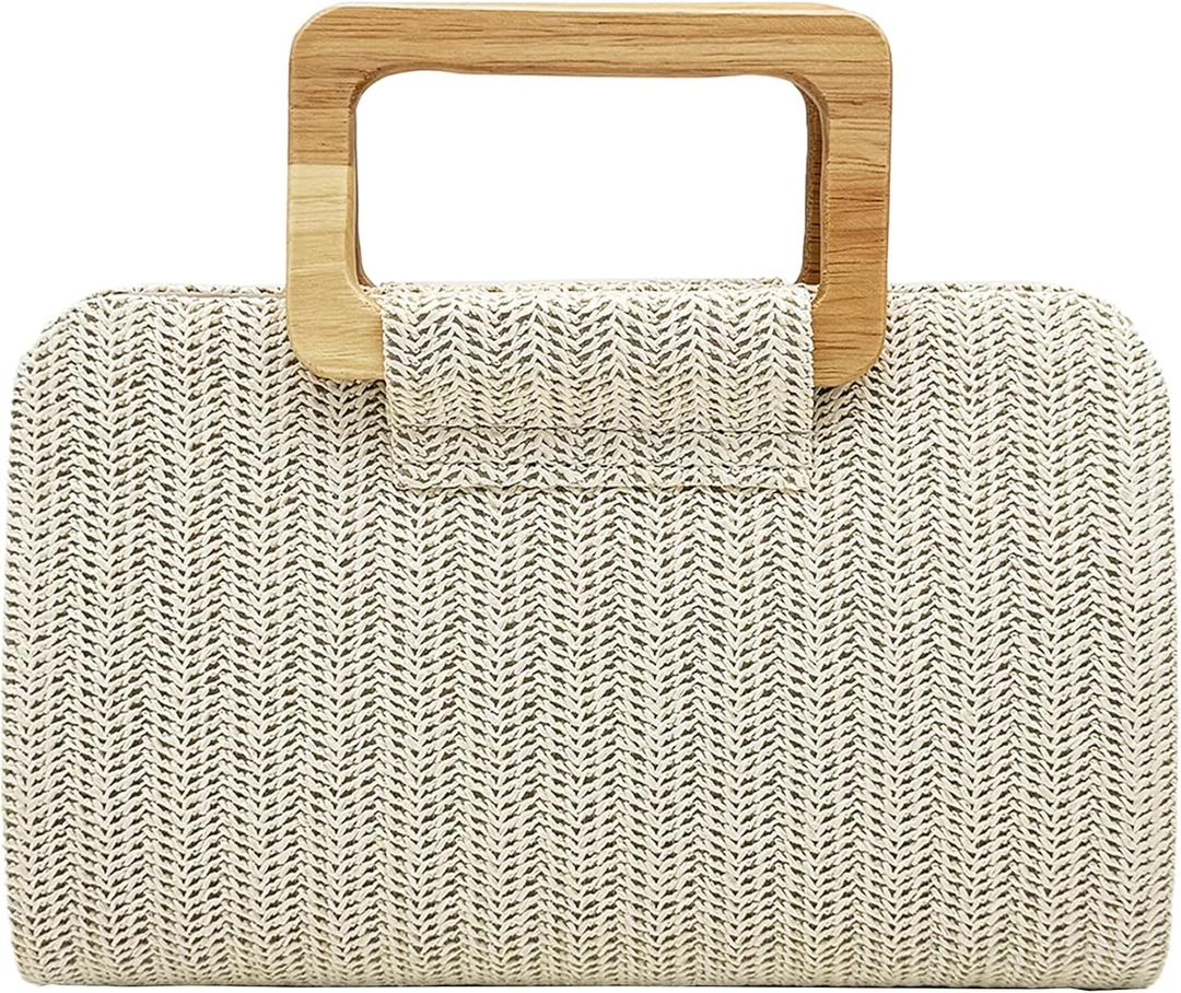 Straw Clutch Purse, Woven Evening Handbag with Wooden Handle, Summer Beach Crossbody Bag, Women Boho Vacation Pouch (Beige)