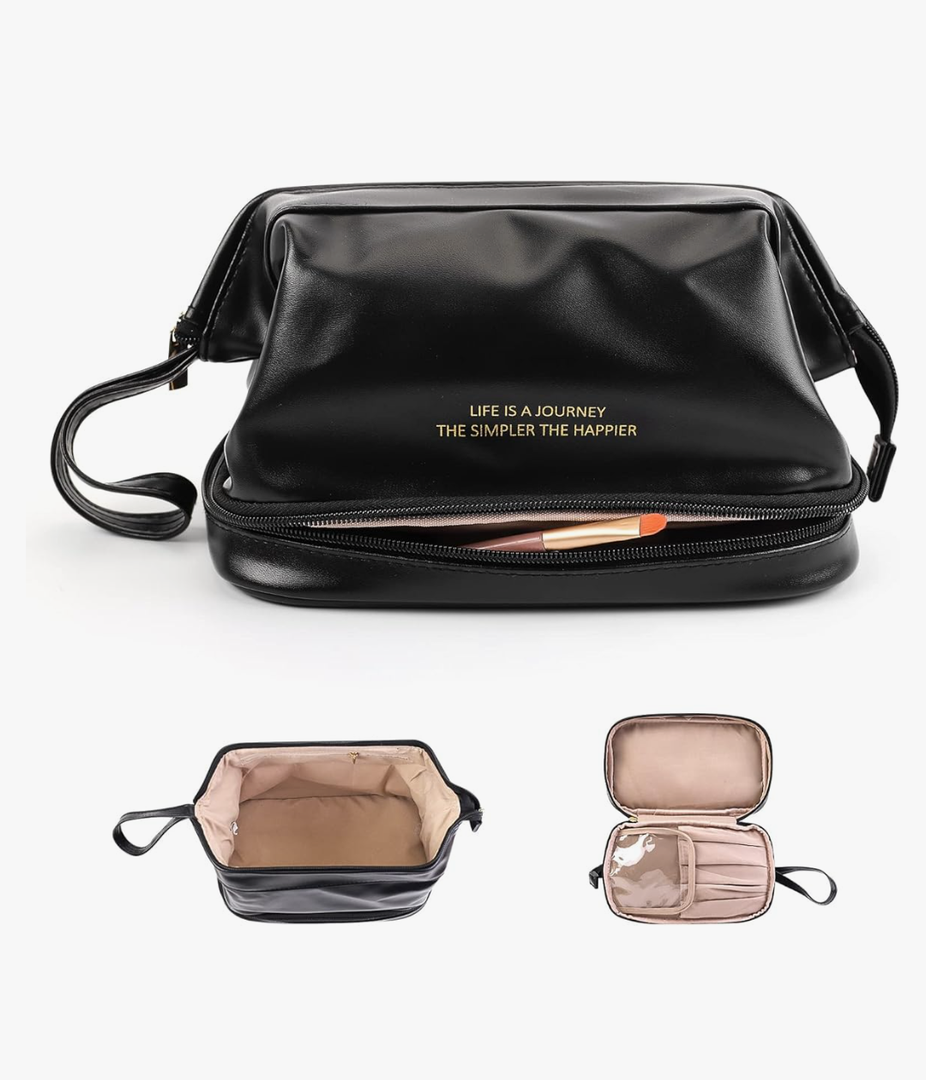 DOJUNS Cosmetic Travel Bag, Double Layer Large Makeup Organizer Leather Waterproof Toiletry Bag for Women Girls (Black)