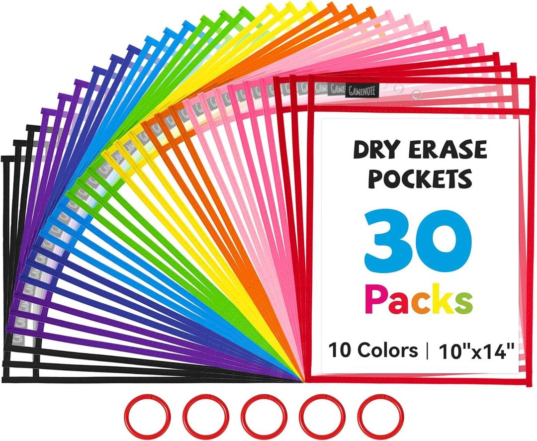Gamenote 30 Pack Dry Erase Pockets with 5 Rings, 10 Assorted Colors 10x14 Oversized Reusable Plastic Sleeves, Clear Sheet Protectors, Teacher Supplies for Classroom Organization